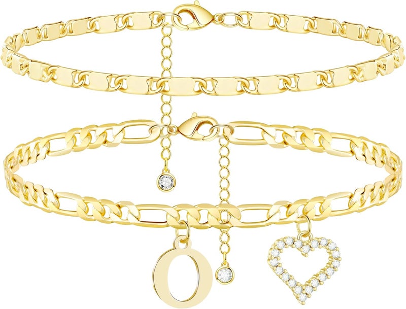 Wremily Initial Ankle Bracelets for Women Waterproof 14K Gold Plated Dainty Layered Figaro Chain Letter Initial CZ Heart Ankle Bracelets Set Summer Beach Jewelry for Women - Image 1